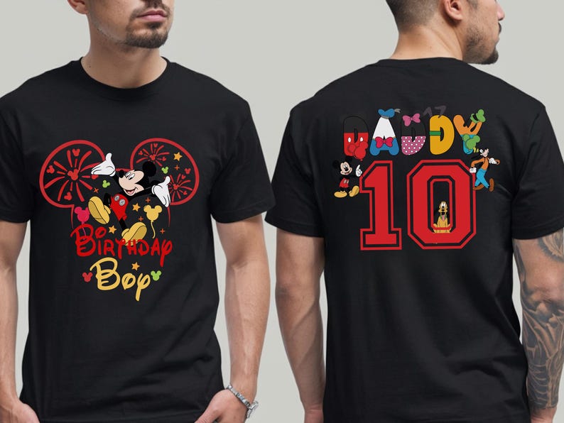 May include: Black t-shirt featuring Mickey Mouse with the text "Birthday Boy" in red and yellow. The back of the shirt displays the number "10" in red, along with various Disney characters, perfect for a birthday celebration.