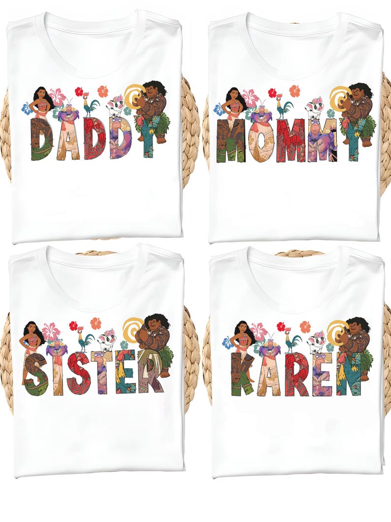 May include: Four white t-shirts with the words "DADDY", "MOMMY", "SISTER", and "KAREN" in colorful, floral-themed lettering. Each shirt features cartoon characters and floral accents, with a round neck and short sleeves.