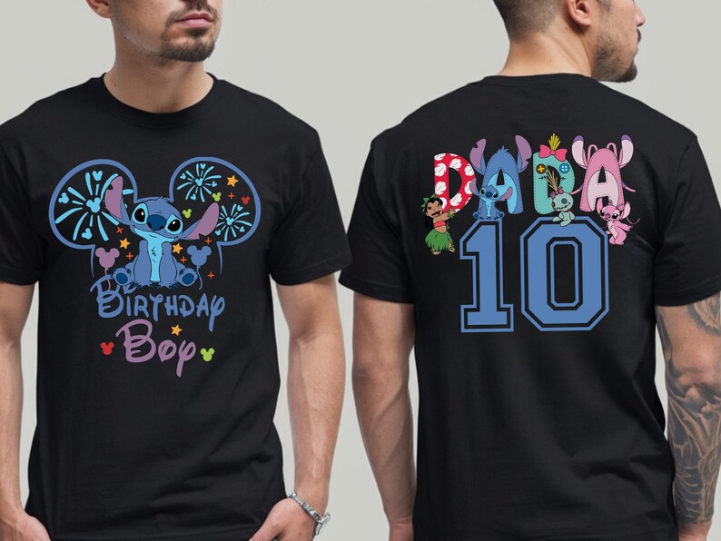May include: Black t-shirt featuring a blue cartoon character with large ears and the text "Birthday Boy". The back of the shirt has the word "Daddy" and the number "10" with cartoon characters.