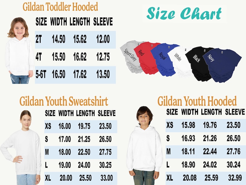 K&ouml;nnte beinhalten: Gr&ouml;&szlig;entabelle f&uuml;r Gildan-Kleidung f&uuml;r Kleinkinder und Jugendliche, einschlie&szlig;lich Kapuzenpullovern und Sweatshirts. Die Ma&szlig;e sind in Zoll f&uuml;r Breite, L&auml;nge und &Auml;rmell&auml;nge angegeben. Verf&uuml;gbare Farben sind Sportgrau, Rot, K&ouml;nigsblau, Wei&szlig;, Schwarz und Marine.