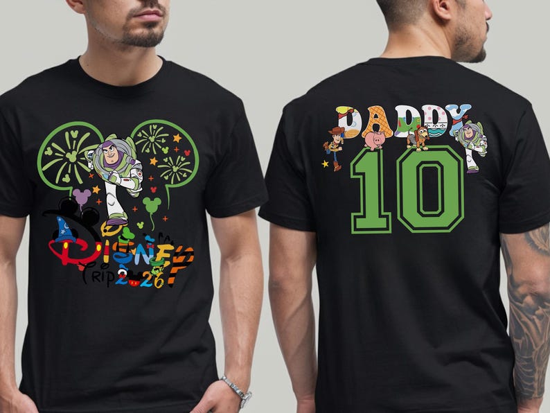 May include: Black t-shirt with a Disney design. The front shows Buzz Lightyear and the text "Disney Trip 2.26". The back has "DADDY 10" with Toy Story characters. A colourful tee, perfect for a Disney enthusiast.