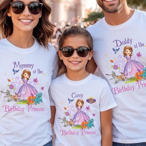 May include: Three white t-shirts with matching graphics for a family. Each shirt features a cartoon princess in a purple dress, the text "Mommy of the Birthday Princess", "Daddy of the Birthday Princess", and "Carey 10 Birthday Princess".