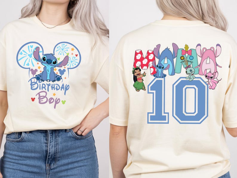 May include: Cream-colored t-shirt featuring a blue cartoon character with the text "Birthday Boy" on the front. The back of the shirt displays the number "10" in blue, along with various cartoon characters.