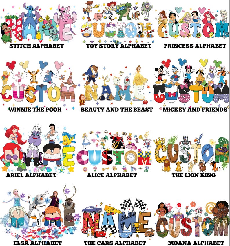 K&ouml;nnte beinhalten: Eine Sammlung farbenfroher Alphabet-Designs mit beliebten Disney-Charakteren. Jedes Design schreibt W&ouml;rter wie "CUSTOM" und "NAME", mit Themen wie Stitch, Toy Story, Prinzessinnen, Winnie Puuh und mehr. Der Text "ALPHABET" ist enthalten.