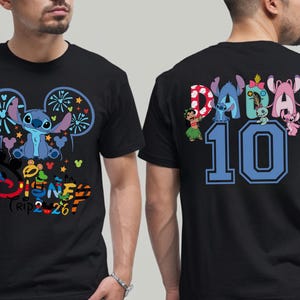 May include: Black t-shirt with a Disney Stitch design on the front, including the text "Disney Trip 2026". The back of the shirt shows "Dada 10" with Stitch characters. The number 10 is in a blue font.