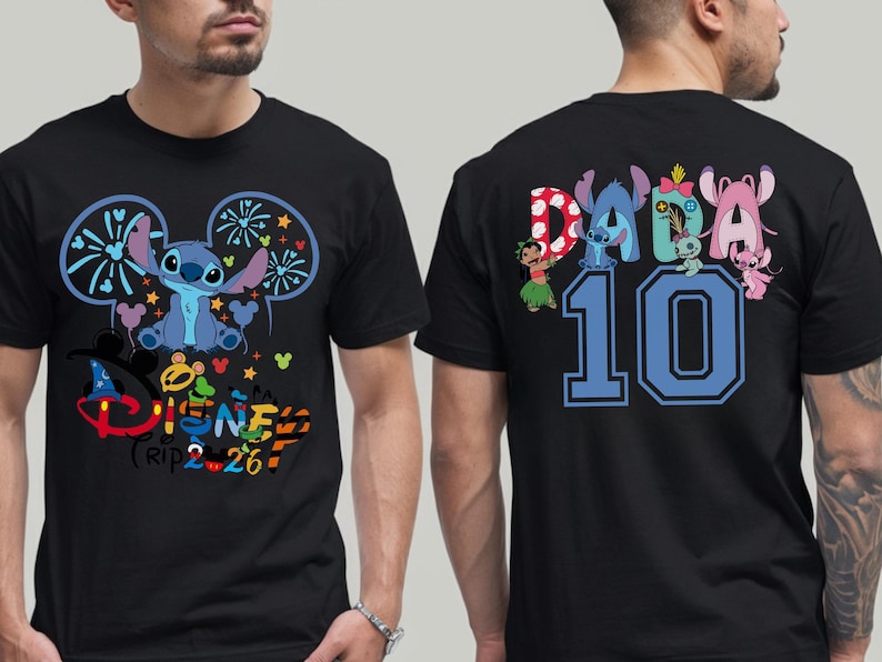 May include: Black t-shirt with a Disney Stitch design on the front, including the text "Disney Trip 2026". The back of the shirt shows "Dada 10" with Stitch characters. The number 10 is in a blue font.