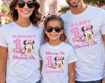 Custom Minnie Mouse Birthday Shirt, Pink Minnie First Birthday Tee, Family Matching Birthday Shirts, Personalized Mommy and Daddy Squad Tops
