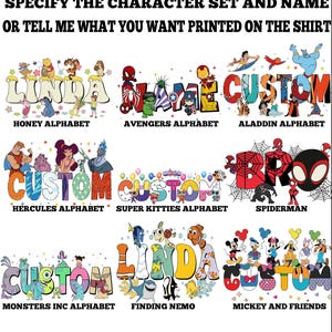 K&ouml;nnte beinhalten: Bild mit verschiedenen individuellen Designoptionen f&uuml;r T-Shirts. Designs umfassen zeichenbasierte Alphabete wie Honey, Avengers, Aladdin, Hercules, Super Kitties, Spiderman, Monsters Inc, Finding Nemo und Mickey and Friends. Der Text oben lautet: "SPECIFY THE CHARACTER SET AND NAME OR TELL ME WHAT YOU WANT PRINTED ON THE SHIRT."