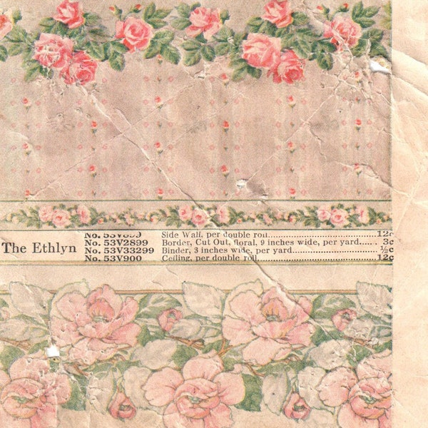 Old Wallpaper Catalog Page Snippet...Pink Roses...Beautiful Vintage Cottage Style Digital Download Scan