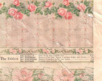 Old Wallpaper Catalog Page Snippet...Pink Roses...Beautiful Vintage Cottage Style Digital Download Scan