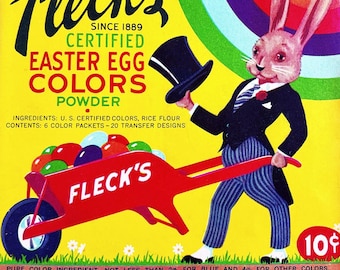 Vintage Packaging Graphics...Old Fleck's Easter Egg Colors Package Box...Bunny w/ Wheelbarrow...Clipart, Junk Journal, Collage, Scrapbooking