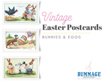 3 Old Early 1900s Easter Postcards Clipart...Cute Bunnies & Eggs Spring Easter Crafts, Junk Journals, Collage, Scrapbooking