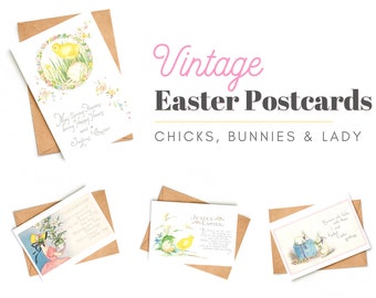 4 Old Antique Vintage Easter Postcards...Cheerful Chicks, Bunnies, Lady...Spring Crafts, Mixed Media, Journaling, Collage, Scrapbooks