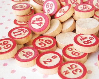 Styled Stock Photo Image...Vintage Red Wooden Bingo Game Numbers