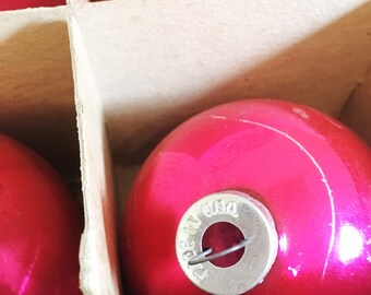 Styled Stock Photo Image...Vintage Red Dark Pink Christmas Ornaments...Shiny Brite...Midcentury 1940s 1950s Box Made in USA...Download