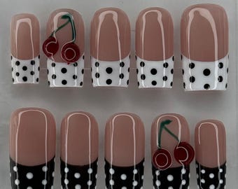 Polka Dot French Tip Nails/ 3D Cherry Nails/ Handmade Press Ons/ Gel Nails