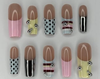Colorful Abstract Press On Nails/ Striped Press Ons/ Handmade Press ons/ Gel Nails
