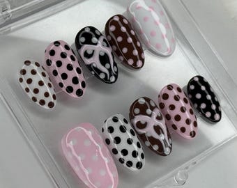 Polka Dot Press On Nails/ Pink Bow Nails/ Pink And Brown Press Ons/ Handmade Gel Nails