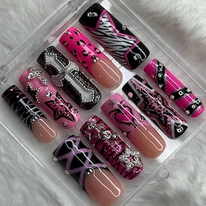 Pink Y2k Press On Nails/ Grunge Press On Nails/ Handmade Press Ons/  Gel Nails/ Press On Nails