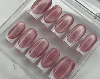 Handmade Cat Eye French Tip Press On Nails, Gel Polish Set
