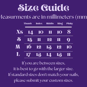 May include: A purple background with a white size guide for nail measurements in millimeters. The guide lists sizes XS, S, M, and L, with corresponding thumb, index, middle, ring, and pinky measurements. Additional text provides sizing advice.