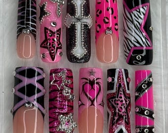 Pink Y2k Press On Nails/ Grunge Press On Nails/ Handmade Press Ons/  Gel Nails/ Press On Nails