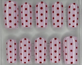 Pink Red Polka Dot Press On Nails, Handmade Gel Nails, Custom Nail Set