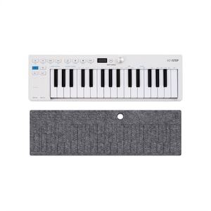 May include: White Arturia Keystep MIDI keyboard with black and white keys, and a gray felt keyboard cover. The keyboard has several buttons and a small display. The word "KEYSTEP" is printed on the keyboard.