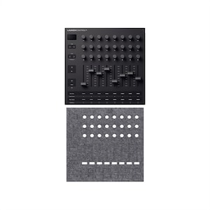 May include: Black Launch Control MIDI controller with knobs, faders, and buttons. The text "LAUNCHCONTROL" is visible. A gray felt overlay with cutouts for the controller's components is below it. The controller is designed for music production.