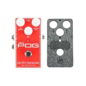Puede incluir: Pedal de efectos de guitarra eléctrica blanco y rojo con el texto "nano POG" y "electro-harmonix NEW YORK CITY, USA". El pedal tiene tres perillas etiquetadas como "Sub Octave", "Dry" y "Octave Up".