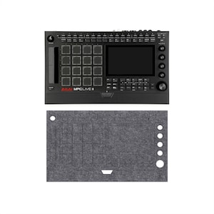May include: A black Akai MPC Live II music production controller featuring a grid of sixteen pads, a touchscreen, and various control buttons, paired with a matching gray felt protective cover that mirrors the layout of the device interface.