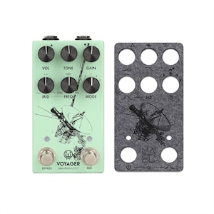 May include: A light green Walrus Audio Voyager guitar effects pedal with six black control knobs, two silver footswitches labeled BYPASS and MID, and a satellite illustration. Beside it is a dark gray felt overlay with matching cutouts.