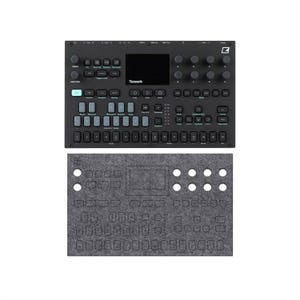 May include: A black Tonverk electronic music production workstation featuring a central display screen, numerous circular knobs, rectangular buttons, and a row of sixteen numbered keys, accompanied by a matching grey felt protective cover.