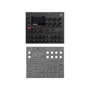 May include: Black Syntakt 16-track drum computer and synthesizer with a screen, buttons, and knobs. Below it is a gray felt cover with cutouts for the controls. The word "Syntakt" is visible on the device.