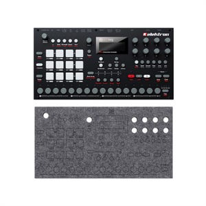 May include: Black Elektron Analog Rytm MKII drum machine with numerous buttons, knobs, and a display screen. Below it is a gray felt cover with cutouts for the machine's controls. The Elektron logo is visible.
