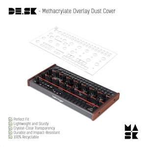 May include: A black synthesizer with red accents and numerous knobs and sliders, paired with a clear methacrylate overlay dust cover. The text "DE.SK - Methacrylate Overlay Dust Cover" is at the top.