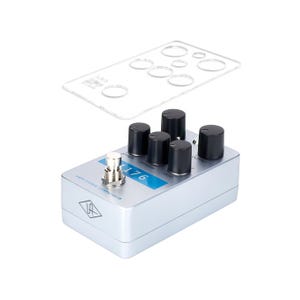 May include: A silver and blue 1176  guitar studio compressor pedal with six black knobs labeled "Attack", "Makeup", "Ratio", "Output", "Blend", and "Bypass".