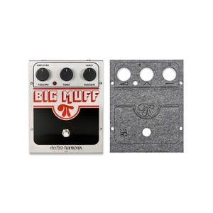 May include: A silver and black electric guitar effects pedal with the text "BIG MUFF" in red and white letters. The pedal has three knobs labelled "Volume", "Tone", and "Sustain". The pedal is made by Electro-Harmonix.
