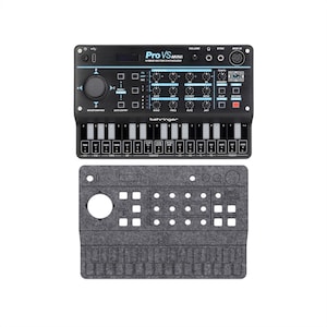 May include: Black Pro VS Mini hybrid vector synthesizer with blue detailing and a grey felt cover. The synthesizer has many knobs, buttons, and a keyboard. The felt cover has cutouts for the synthesizer's controls and keyboard.