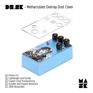 May include: A blue pedal with a clear plastic dust cover. The pedal has a black knob, a white switch, and a graphic of a woman with a helmet. The text "LILLIAN" is printed on the pedal. The dust cover is made of methacrylate and is designed to protect the pedal from dust and dirt.