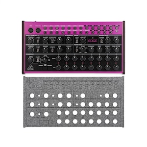 May include: A magenta and black synthesizer with numerous knobs, buttons, and ports. The word "EDGE" is printed on the front. Below it is a gray felt case with various cutouts for the synthesizer's components.
