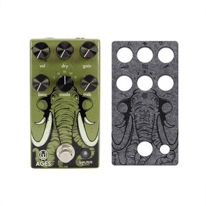 May include: An olive green Walrus Audio Ages guitar effects pedal with five black control knobs, a central mode knob, and a footswitch, featuring a graphic of an elephant. Beside it is a matching gray felt overlay with cutouts for the controls.