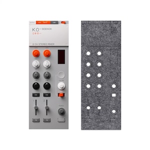 May include: A gray and white 2-channel stereo mixer with orange and white knobs, sliders, and buttons. The text "K.O. - SIDEKICK" and Japanese characters are printed on the top. A gray felt cover with cutouts is on the right.