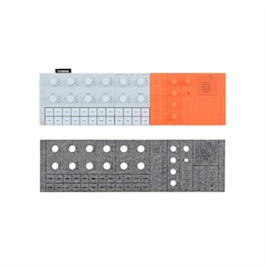 May include: A white and orange synthesizer with knobs, buttons, and a speaker. Below it is a gray felt panel with holes and buttons. The top panel has the Yamaha logo.