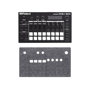 May include: A black Roland MC-101 Groovebox synthesizer with white backlit pads, sliders, and control knobs, accompanied by a grey felt protective cover featuring cutouts that align with the device's buttons, knobs, and display screen.