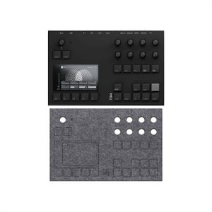 May include: A black S-4 sampler device with a digital screen, multiple knobs, and square buttons, accompanied by a grey felt protective cover featuring cutouts that align with the controls and display of the electronic music instrument.