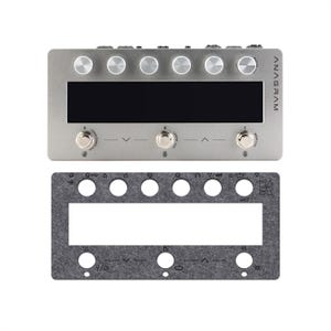 May include: A silver Anagram effects pedal featuring six circular knobs, a large rectangular display, and three metallic footswitches labeled A, B, and C. Below the pedal is a grey felt overlay with cutouts matching the knobs and switches.