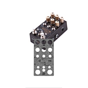 May include: A black and gold guitar pedal with the text "WARPED TRUTH" printed on the top. The pedal has multiple knobs and switches. A black and gray felt template with holes for knobs and switches is shown next to the pedal.