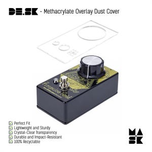 May include: A black guitar effects pedal with gold lettering that reads "Acapulco Gold" and "EarthQuaker Devices". The pedal has a single knob and a footswitch. A clear plastic dust cover is shown above the pedal.