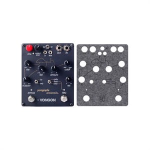 May include: A black Vongon Paragraphs resonant low pass filter with waveform generator, featuring multiple black knobs, one red knob, two silver footswitches, and various input/output ports. Beside it is a gray felt overlay with cutouts.